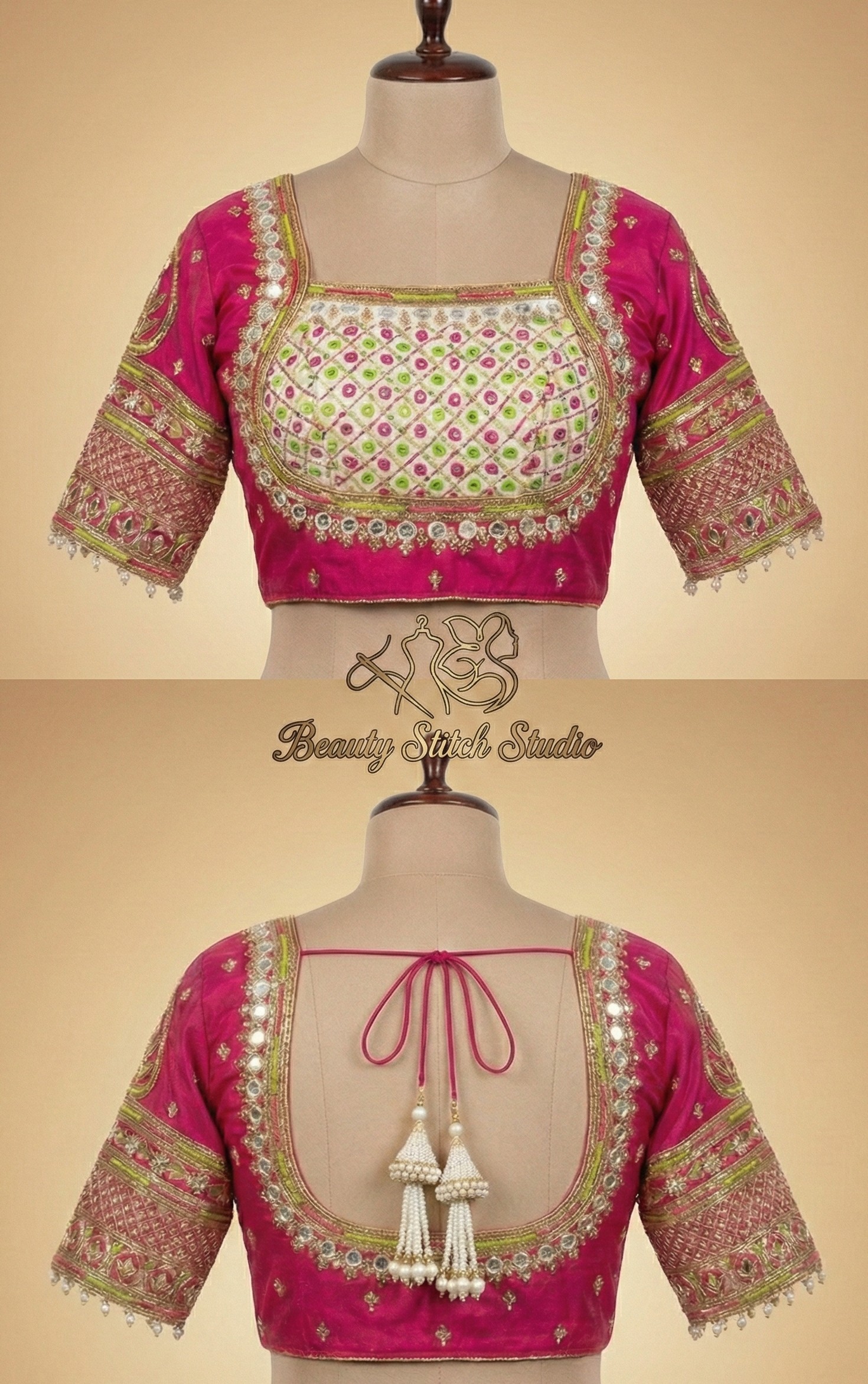 Pink bridal blouse with hand embroidery